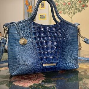 Brahmin Blue Crocodile Embossed Satchel with Gold Accents